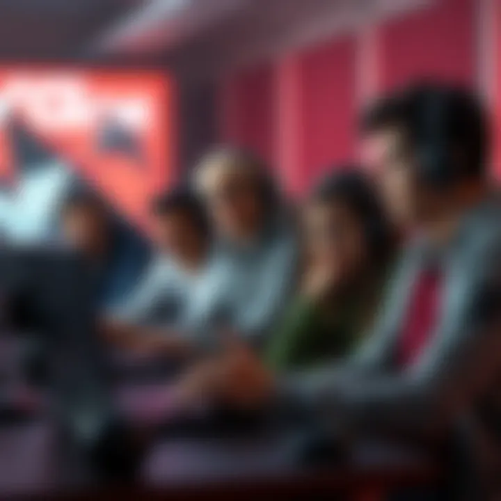 A group of gamers gathered around laptops, sharing thoughts on forced penance in gameplay, with expressions of interest and concern on their faces.
