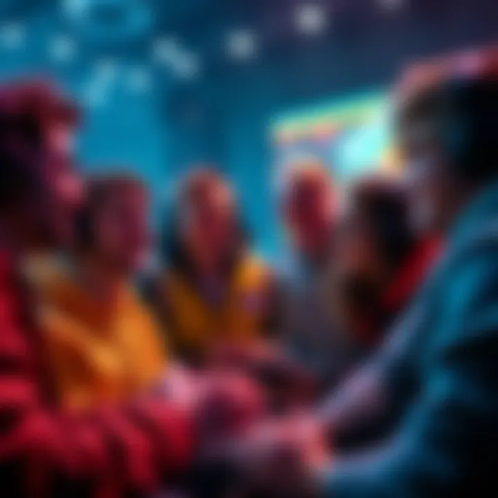 A group of gamers enthusiastically talking about new DLC and New Game Plus features for a popular game.