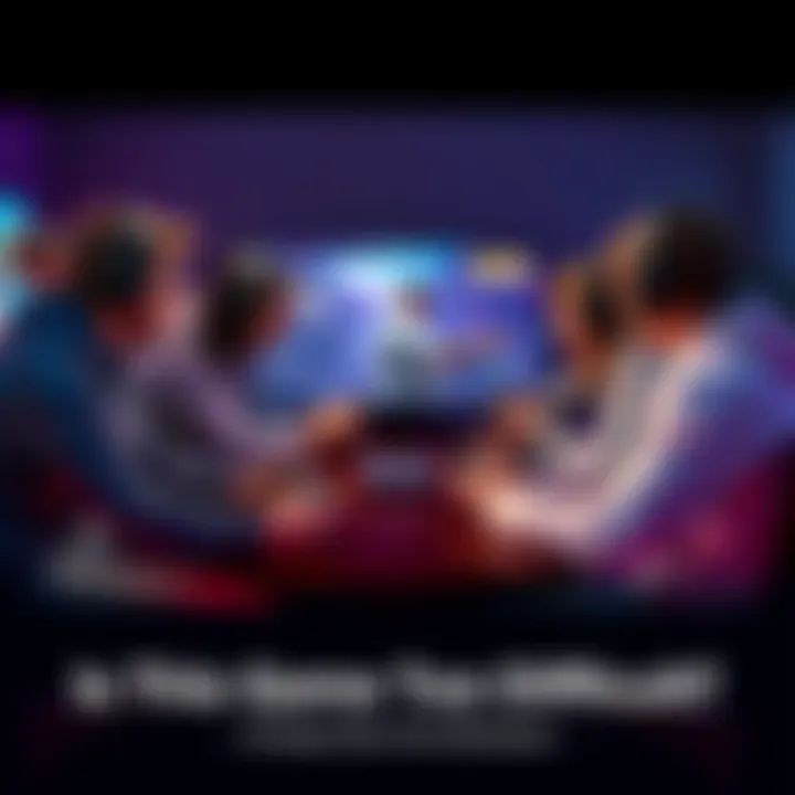 Gamers Discuss Game Difficulty A group of gamers sitting around a table discussing video game difficulty while holding controllers and looking at a screen displaying gameplay.