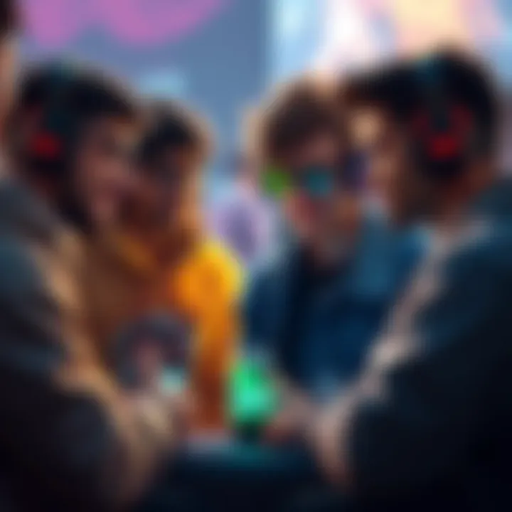 Group of gamers sharing ideas for new character skins, showing excitement and anticipation.