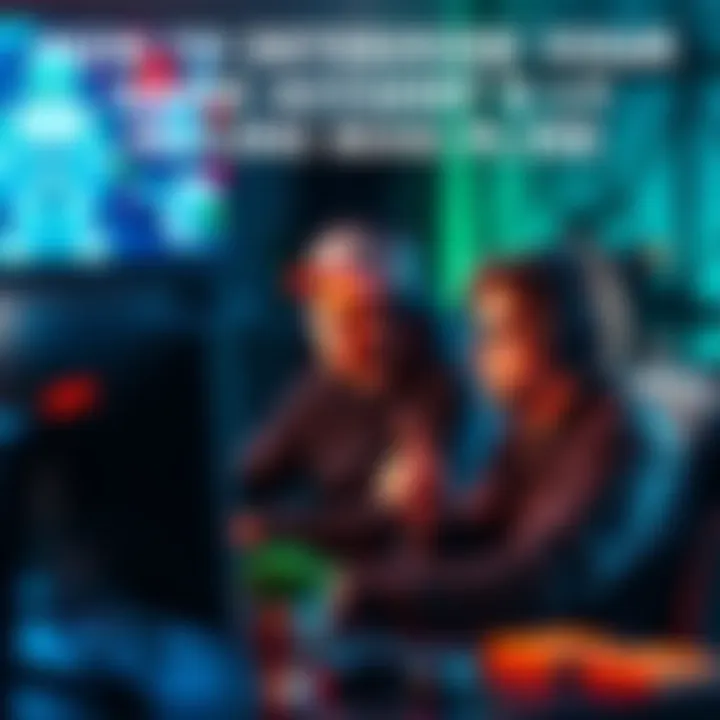 Gamers discussing account value Two gamers looking at a computer screen, analyzing the worth of a gaming account, with gaming gear in the background.