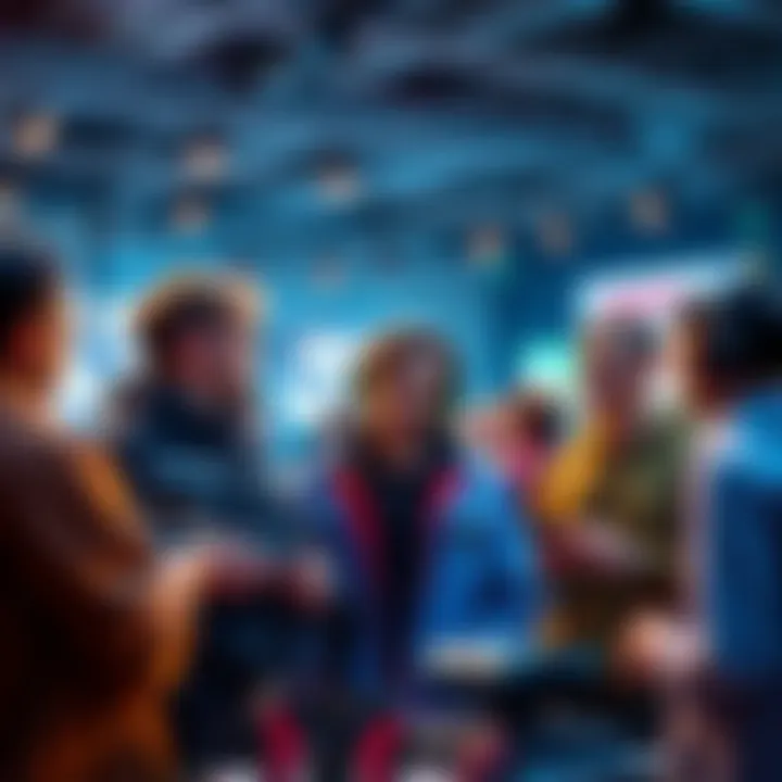 A group of gamers engaged in conversation about game completion rates at a gaming event