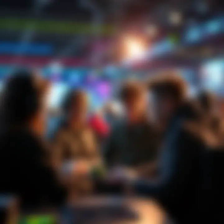 A group of gamers engaged in conversation about dedicated game servers at a gaming event