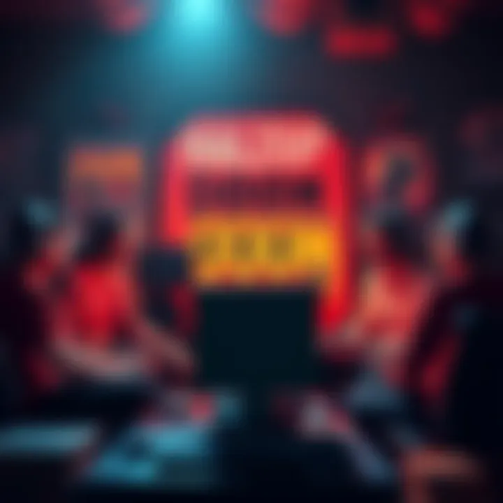 Group of gamers sharing nostalgic stories about Doom at a computer, featuring retro equipment and posters.