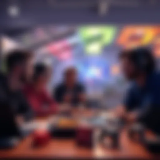 A group of gamers talking and sharing their plans for E-Day launch, with gaming consoles and snacks in the background