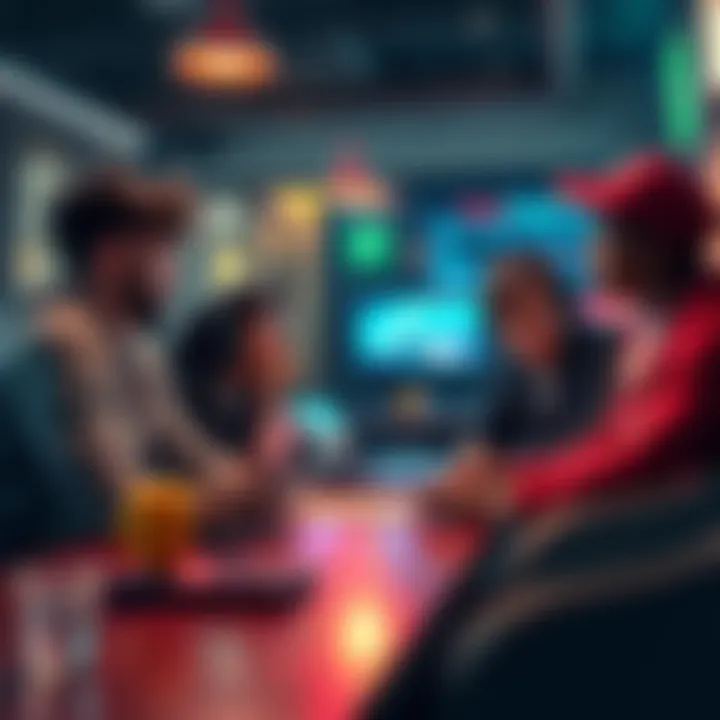 A group of gamers sharing their thoughts on the game Expedition 33 at a cafe, with one showing gameplay on a laptop