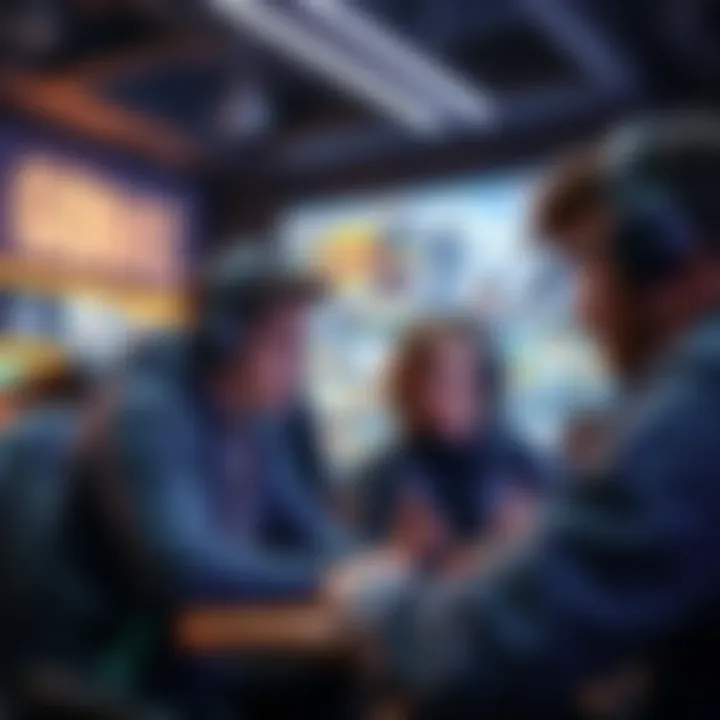 Gamers discussing game info A group of gamers looking at a computer screen with game information on forums