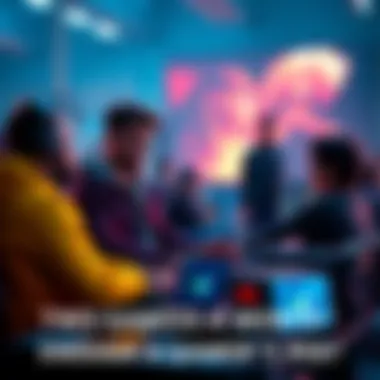 Gamers discussing game releases A group of gamers talking about new video game releases, with consoles and gaming gear around them