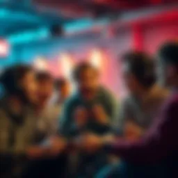 Gamers discussing gameplay changes A group of gamers sharing their experiences and insights after returning to a game after a break, showing expressions of surprise and excitement.