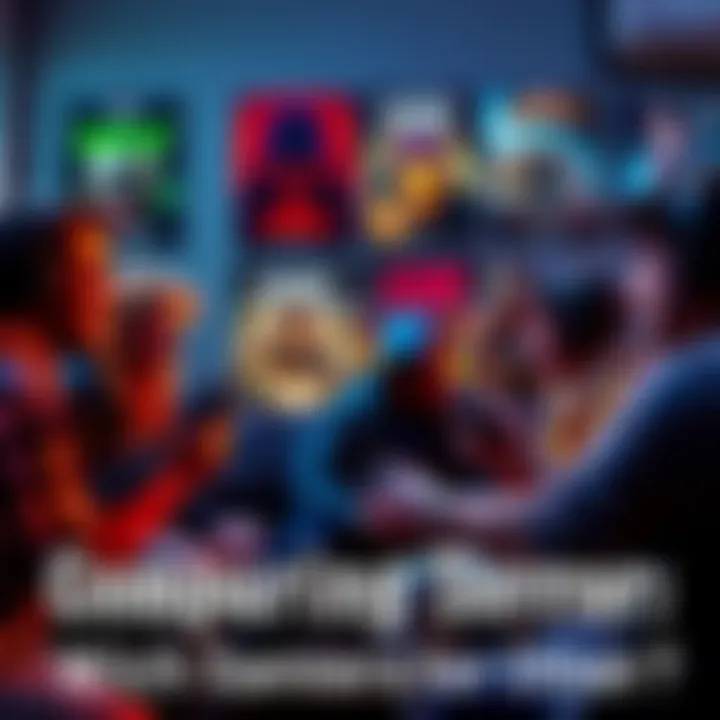 A group of gamers talking excitedly about their favorite scary games, with posters of horror titles in the background.