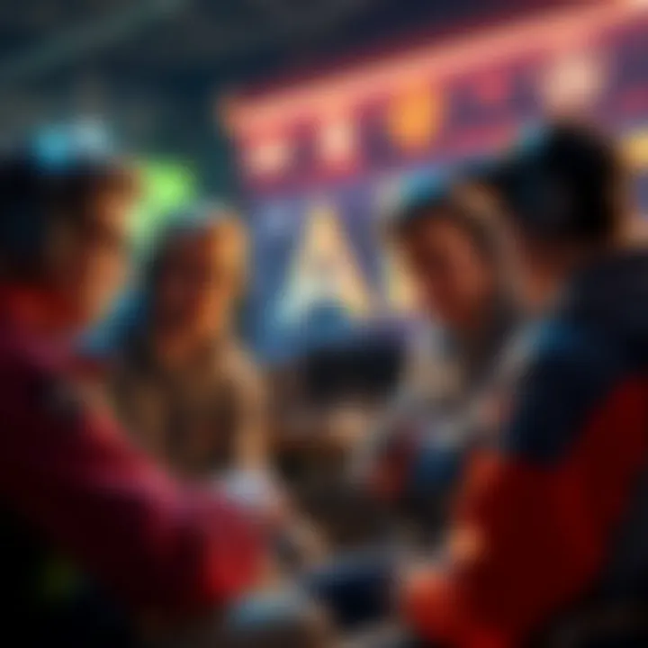 A group of gamers looking frustrated while discussing loot drops in a gaming setting