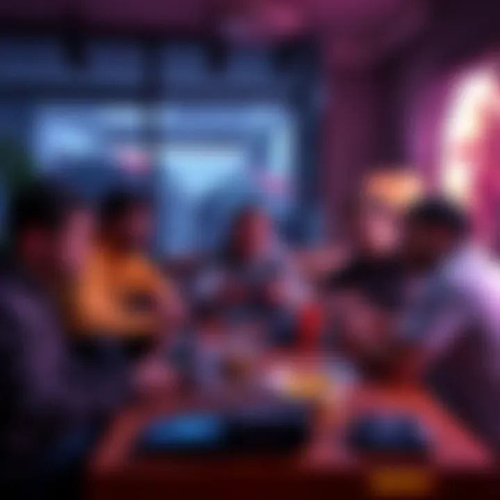 A group of gamers sitting around a table, talking about their experiences with Gears multiplayer, with game consoles and snacks on the table.