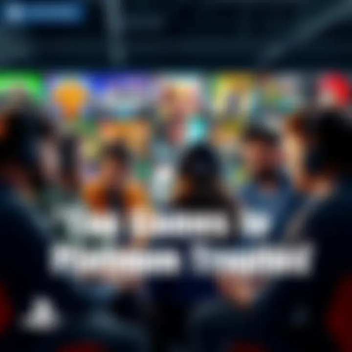 A group of gamers engaging in a discussion about their favorite games for Platinum trophies, highlighted by colorful game covers in the background.