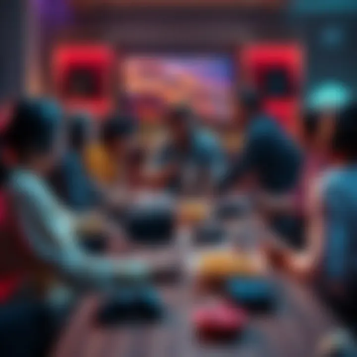 A group of gamers sitting around a table, engaged in a lively debate about passive and aggressive play styles, with game consoles and snacks on the table.