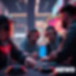 A group of gamers discussing strategies about point transfer between series armories, with a gaming setup in the background