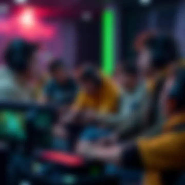 A group of gamers sitting together, talking about the issues of penalties in quick play matches, with gaming consoles in front of them.