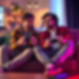 Two friends sitting on a couch, discussing video game strategies with controllers in hand. One is pointing at the screen, while the other looks thoughtful.