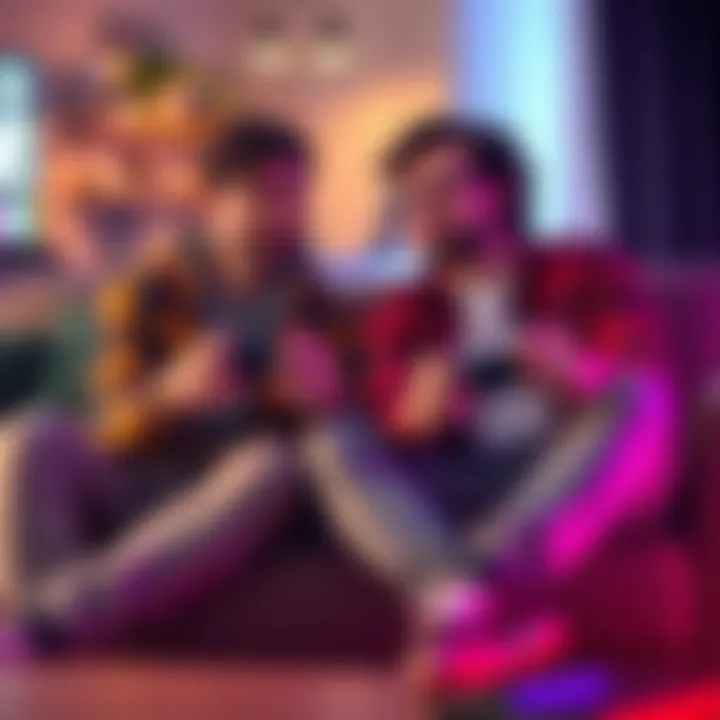 Two friends sitting on a couch, discussing video game strategies with controllers in hand. One is pointing at the screen, while the other looks thoughtful.