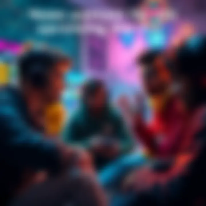 Gamers discussing strategies A group of gamers sharing tips on character builds and strategies for an upcoming DLC