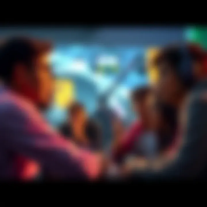 A group of gamers engaged in a heated discussion about a friend's death in a game, with one person gesturing passionately and others listening intently.