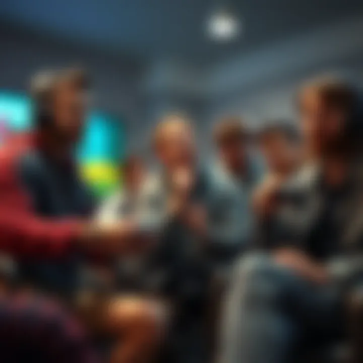 A group of gamers engaged in a lively discussion about TLOF Part 2, with one holding a controller and others showing mixed reactions. The setting is casual, reflecting a friendly debate about the game's story and characters.