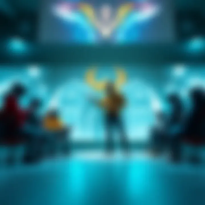 A group of gamers talking about customizable dodge animations in a video game setting, with themed visuals representing Warframe characters in the background