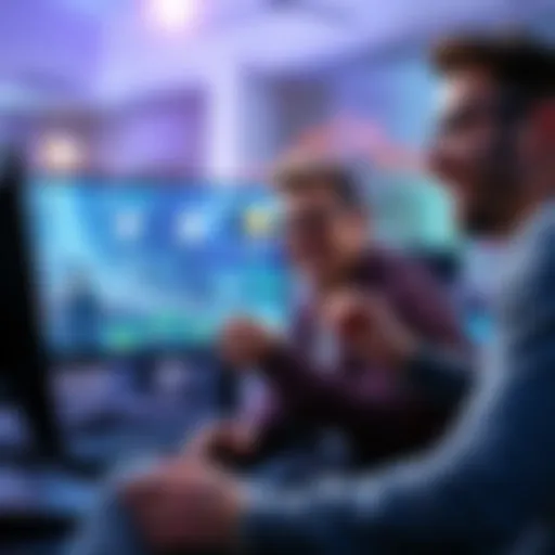 A group of gamers excitedly discussing a new game that they accessed early, with a computer screen showing gameplay and social media sites filled with spoilers in the background