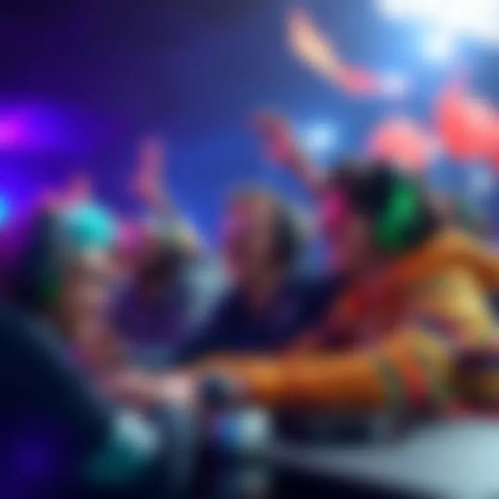 Group of gamers celebrating with fun emotes and colorful cosmetics, focusing on enjoyment rather than competition.