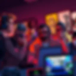 Group of gamers eagerly discussing GTA VI Ultimate Edition sale while looking at gaming consoles and posters