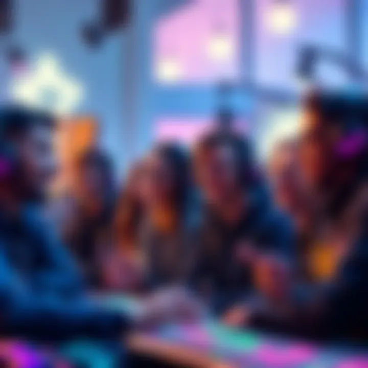 A group of gamers discussing the potential new arc type in a game, expressing excitement and anticipation in a vibrant environment.