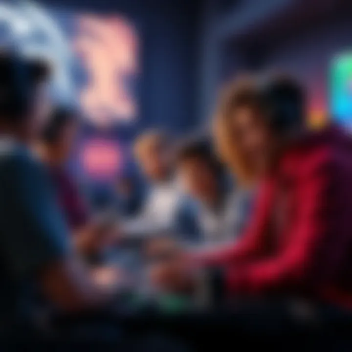 Gamers exploring new game modes A group of gamers discussing and playing different video game modes in a lively setting