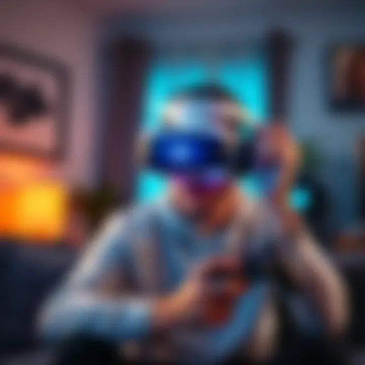 A gamer looks frustrated while using PSVR2 headset, displaying mic and controller problems, in a living room setting.
