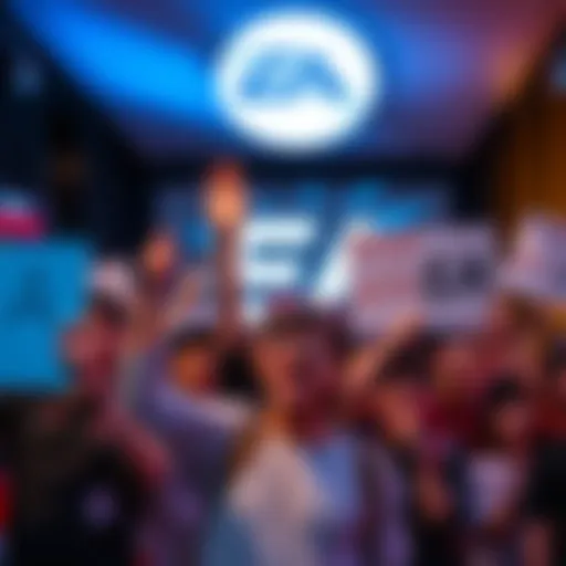 A group of gamers holding signs and showing anger at a public event, with EA logo in the background