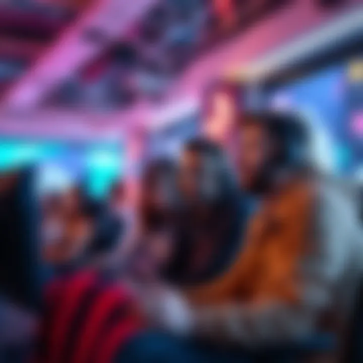 A group of gamers discussing their concerns about Skill-Based Matchmaking in a lively gaming environment