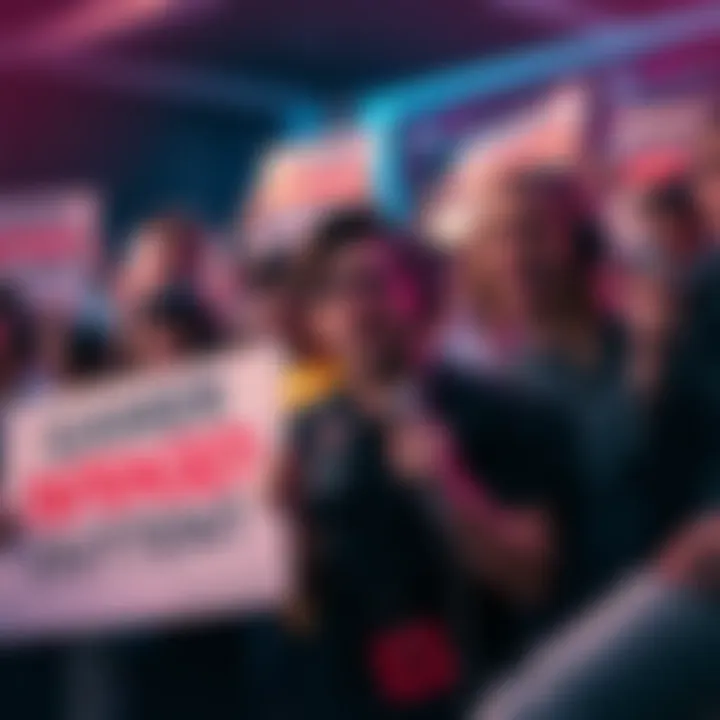 A group of gamers showing anger and disappointment over paid content in a video game, holding signs and discussing online gaming issues.