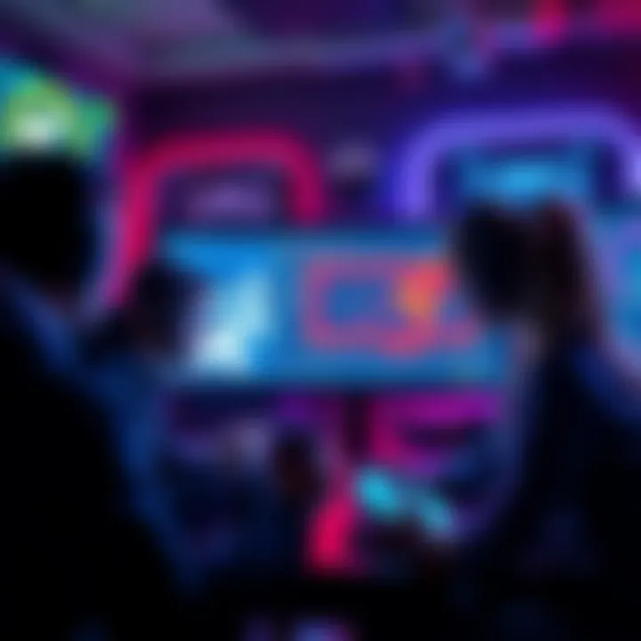 A group of gamers gathered around screens, analyzing a glitch in a video game, with comments showing on their devices.