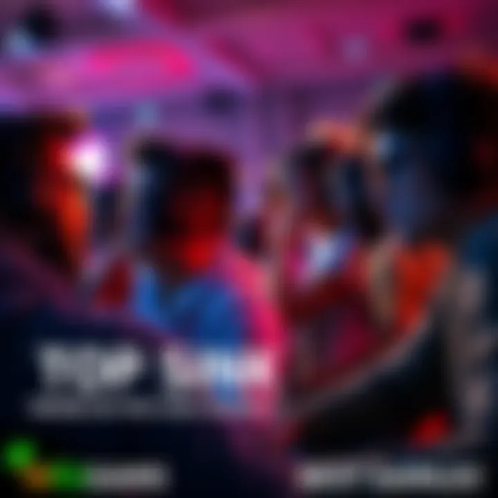 A group of gamers focused on their screens, showcasing different types of games like ARPGs, MMOs, and simulation games, with an atmosphere of excitement and concentration.