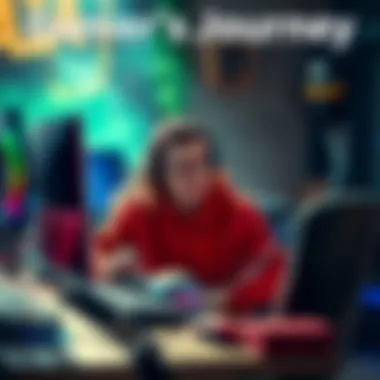A gamer sitting at a desk, surrounded by gaming gear, showing emotions of triumph and struggle