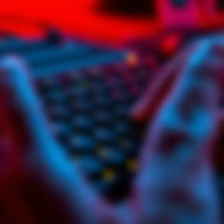 A close-up of a keyboard showing RDFG key bindings highlighted, with hands positioned to illustrate gameplay, highlighting an alternative to WASD for gamers.