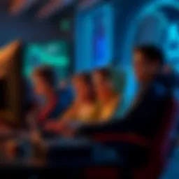 A group of gamers sitting at computers, one looks frustrated while others appear silent, highlighting a chat about mic communication in gaming.