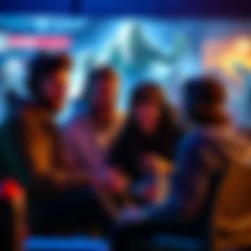 A group of gamers discussing and laughing about mispronouncing scadu as shadow, with game graphics in the background.