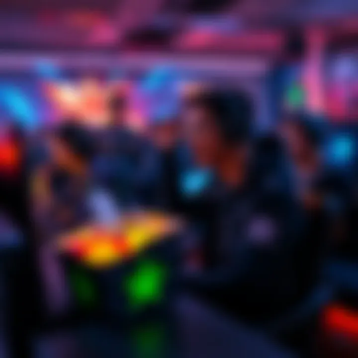 A group of gamers eagerly opening colorful loot boxes while sitting at their desks, looking excited and hopeful for great rewards.