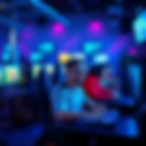 A group of gamers sitting at PCs, showing excitement while playing various multi-platform games, with consoles visible in the background
