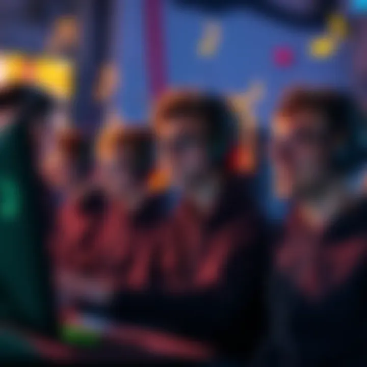 A group of gamers wearing headphones and playing Blasphemous, with musical notes and playlists visible around them