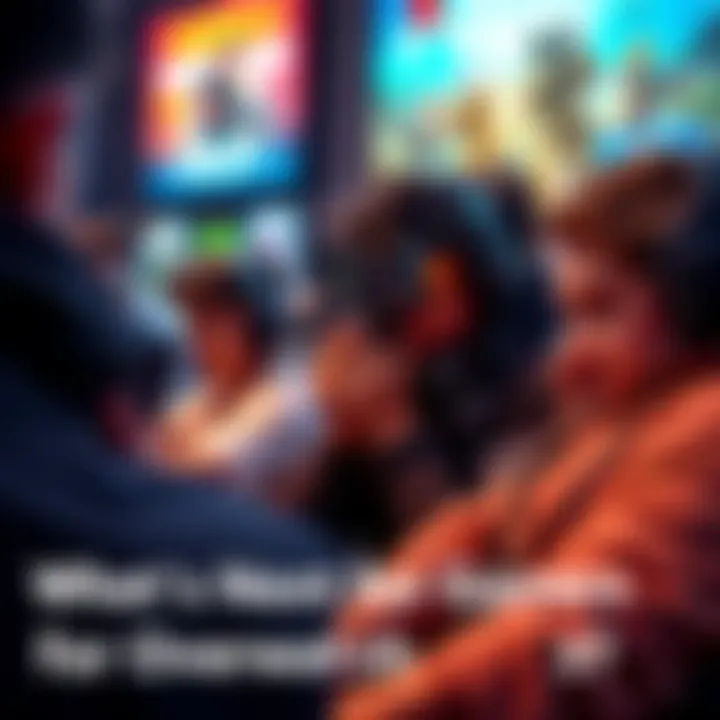 A group of gamers engaged in playing tactical shooter games, with colorful game posters in the background.