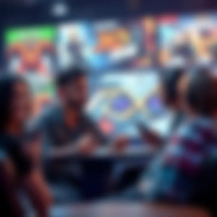 A group of gamers discussing whether to buy a video game before reviewing gameplay footage, with game posters in the background.