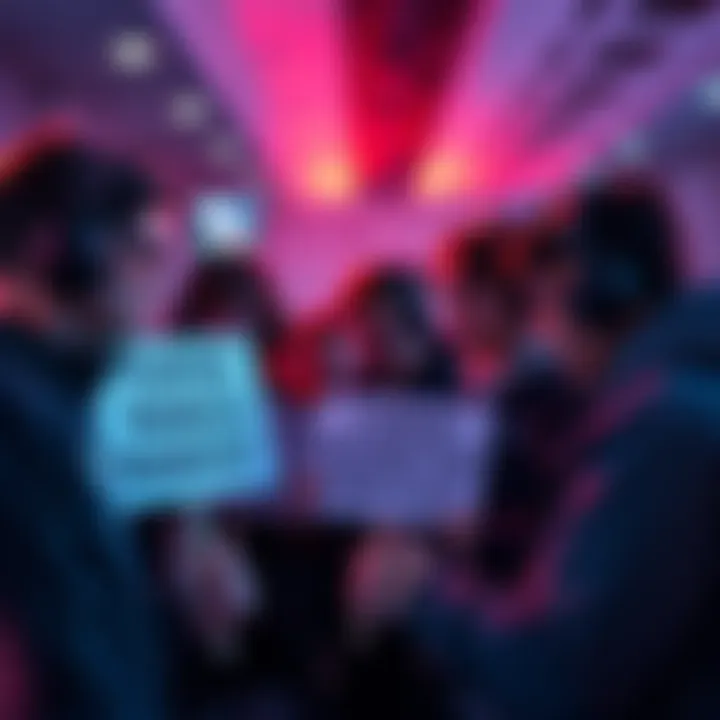 Group of gamers discussing ranked matchmaking improvements with signs for fair play.
