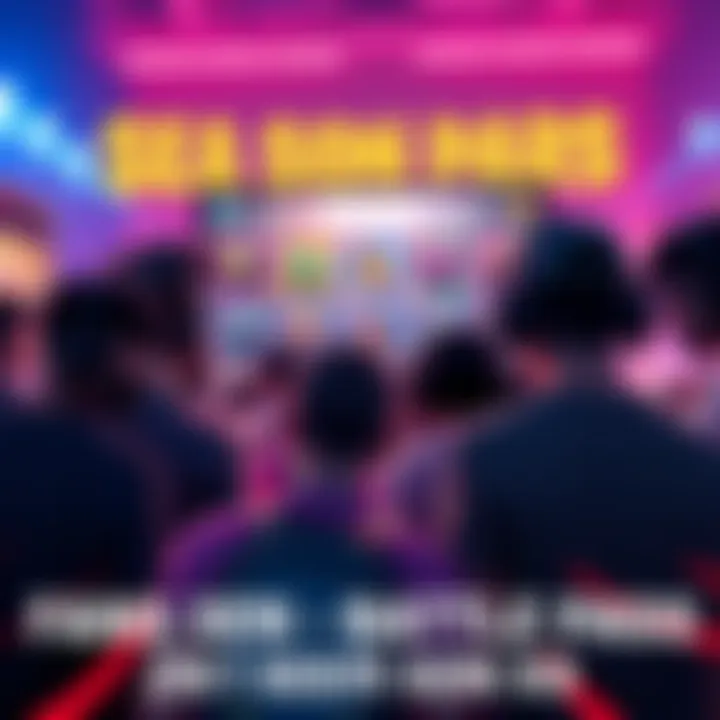 A group of gamers looking at a screen displaying Season 9 battlepass items, showing excitement and anticipation.