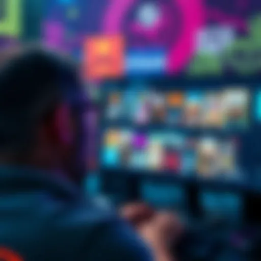 A person looking at a computer screen displaying a Steam library filled with various game titles, contemplating their future leisure activities