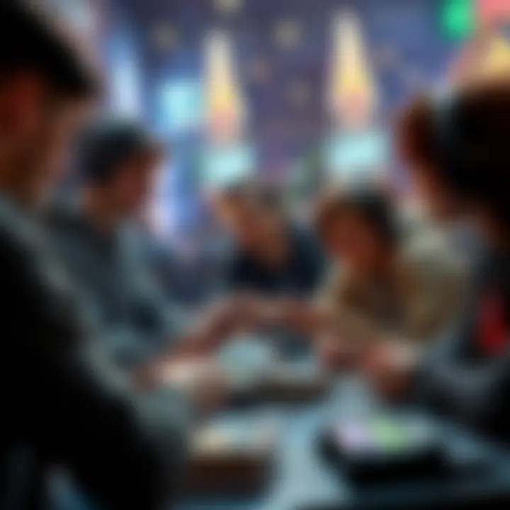 A group of people engaged in a gaming session, discussing their successes and challenges with card decks